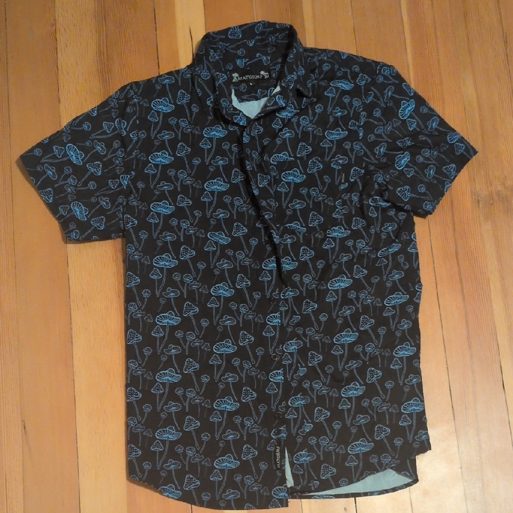 Matosurf Black and Blue Mushroom Pattern Shirt Large Surf Polyester
